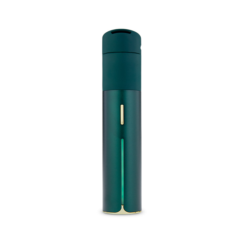 Front-facing Puffco Pivot in pine colour with subtle lighting highlighting its sleek metallic body.