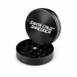 Angled view of the Santa Cruz Shredder black grinder showing the logo lid.