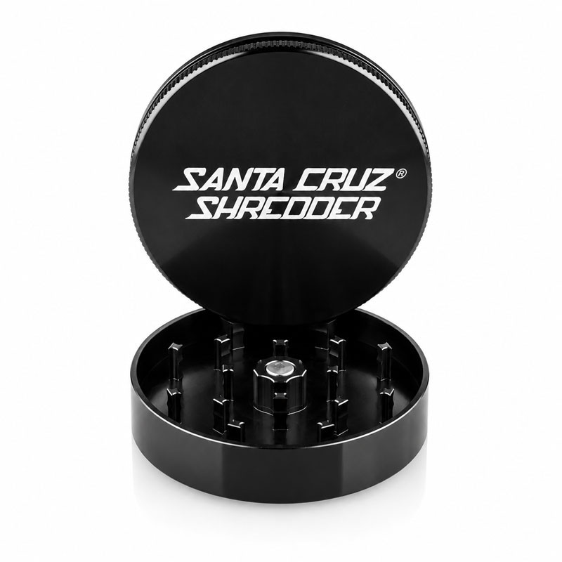 Santa Cruz Shredder black 2-piece grinder with open lid and visible teeth.