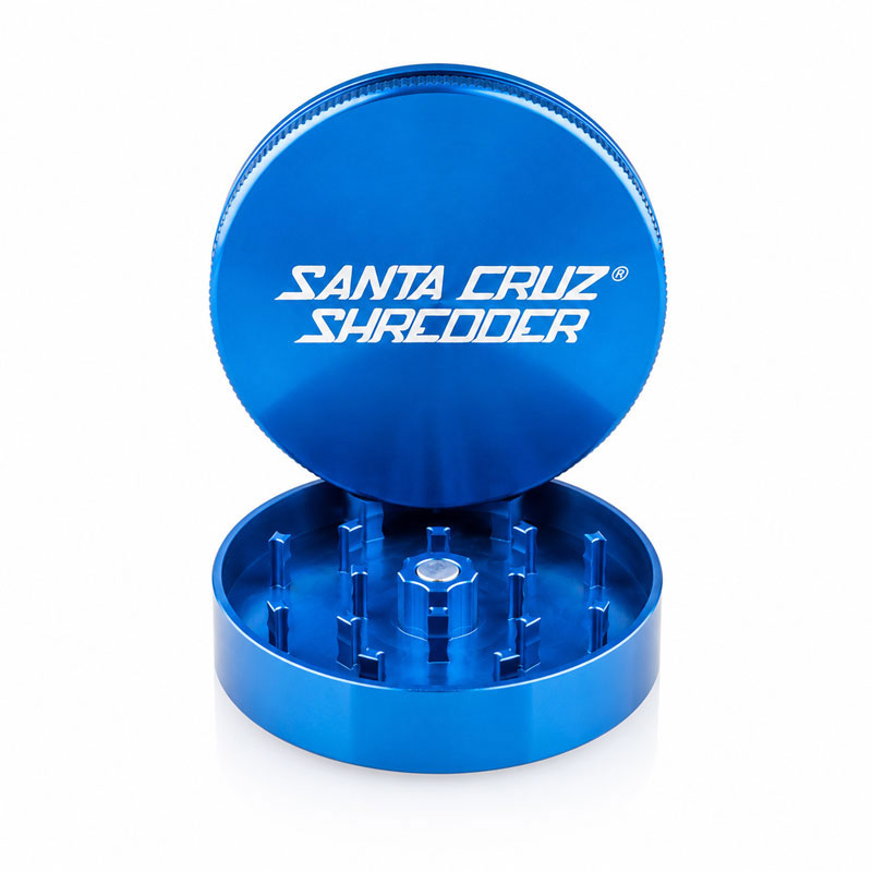 Santa Cruz Shredder blue 2-piece grinder open on a white background.