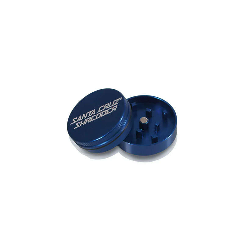 Open blue Santa Cruz Shredder 2-Piece Grinder Small showing teeth and lid design