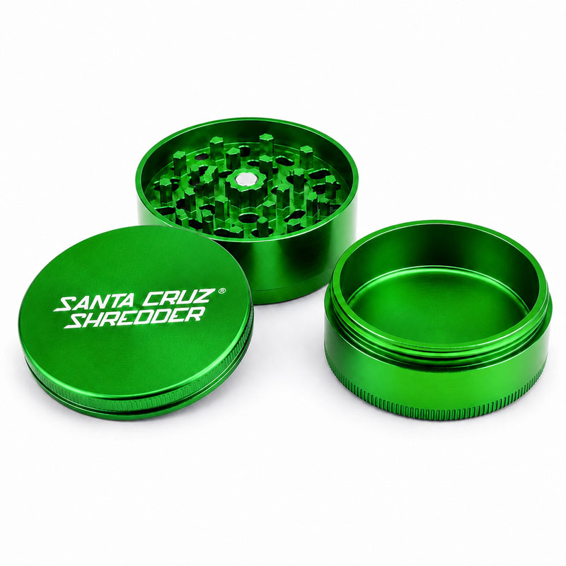 Green Santa Cruz Shredder 3-piece grinder with lid, teeth section and base shown separately.