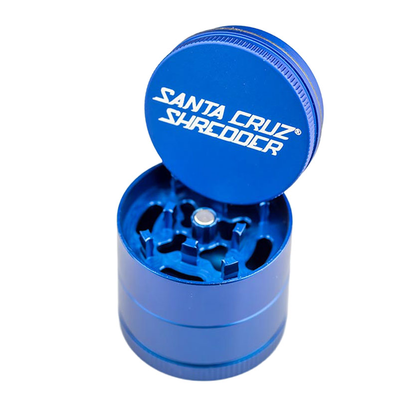 Blue Santa Cruz Shredder 3-Piece Grinder Small open to show patented teeth