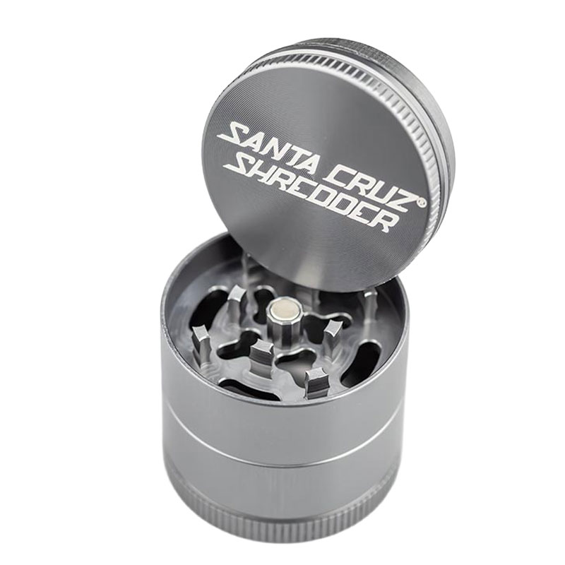 Grey Santa Cruz Shredder 3-Piece Grinder Small open with logo lid and grinding teeth