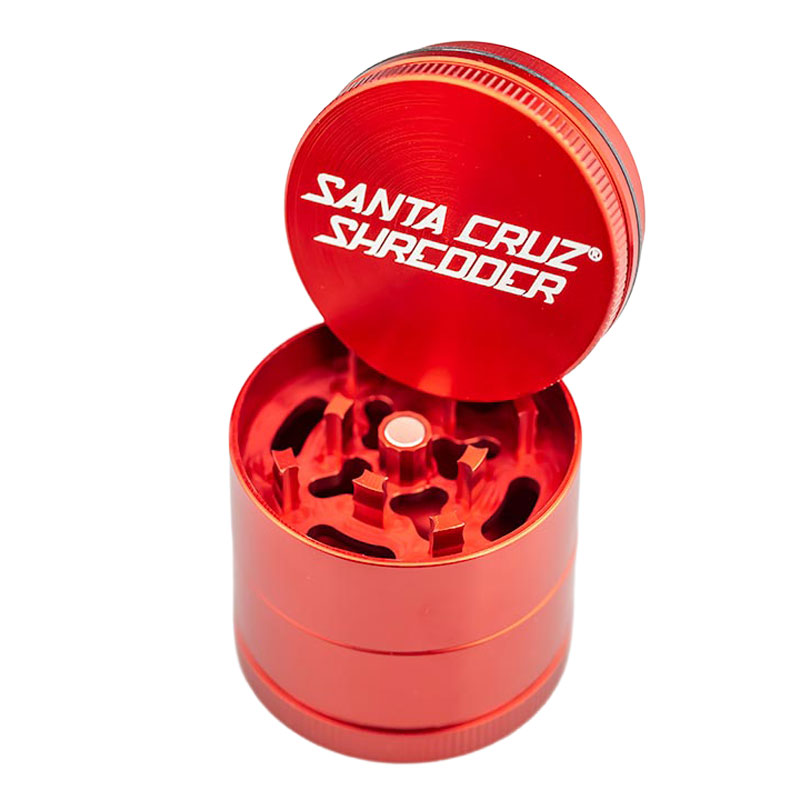 Red Santa Cruz Shredder 3-Piece Grinder Small open with logo lid and grinding chamber