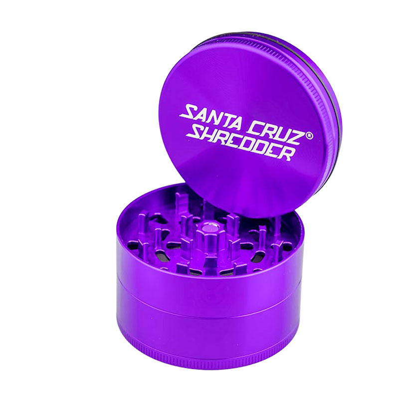 Purple Santa Cruz Shredder 4-Piece Grinder Large open with logo lid and grinding teeth