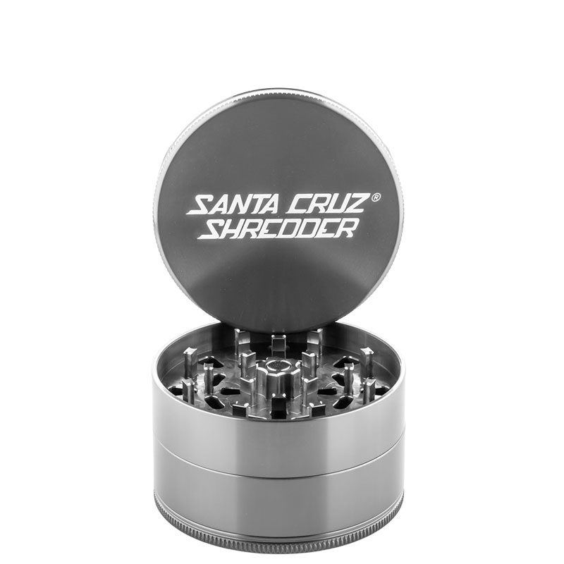 Grey Santa Cruz Shredder 4-Piece Grinder Large open with logo lid and herb chamber
