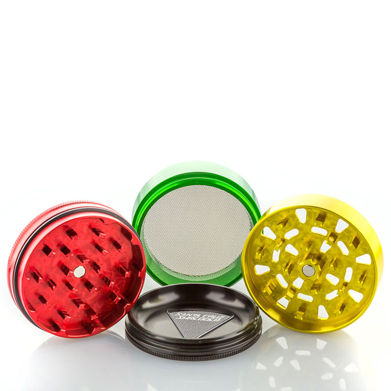 Rasta Santa Cruz Shredder 4-Piece Grinder Large separated to show screen, teeth and collection tray
