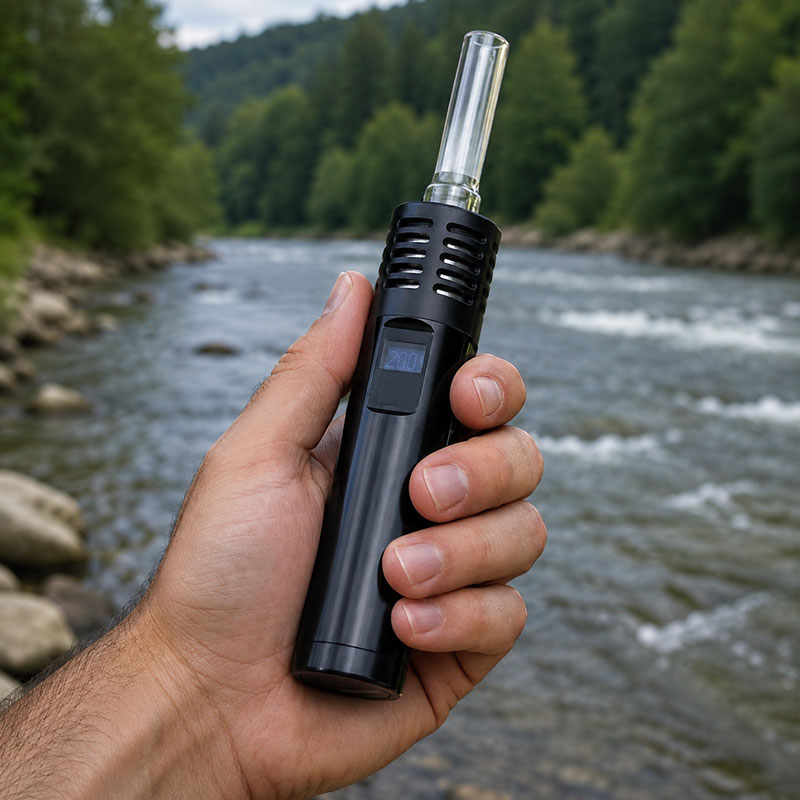 Man holding a black portable vaporizer with a glass mouthpiece beside a flowing river, with blurred trees and water in the background.
