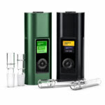 Green Arizer Solo 3 V2.0 with glass stems and accessories beside the device.