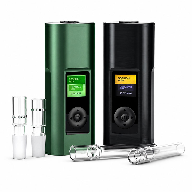 Green Arizer Solo 3 V2.0 with glass stems and accessories beside the device.