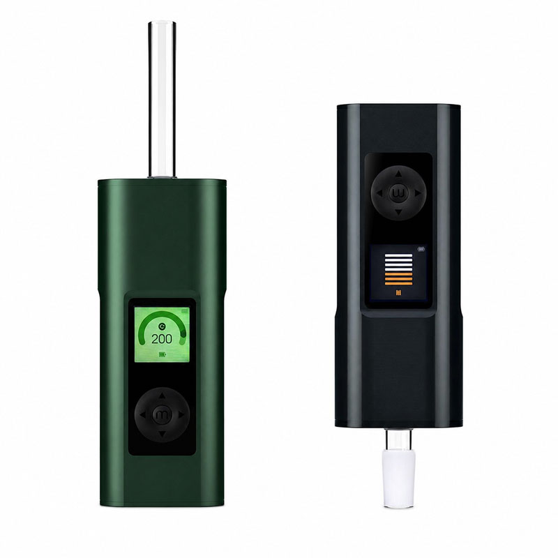 Green Arizer Solo 3 V2.0 standing upright beside a black Solo 3 V2.0 vaporizer.