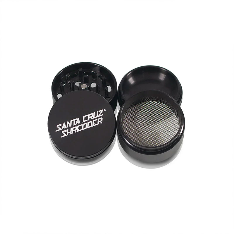 Black Santa Cruz Shredder 4-piece grinder open with screen and lid