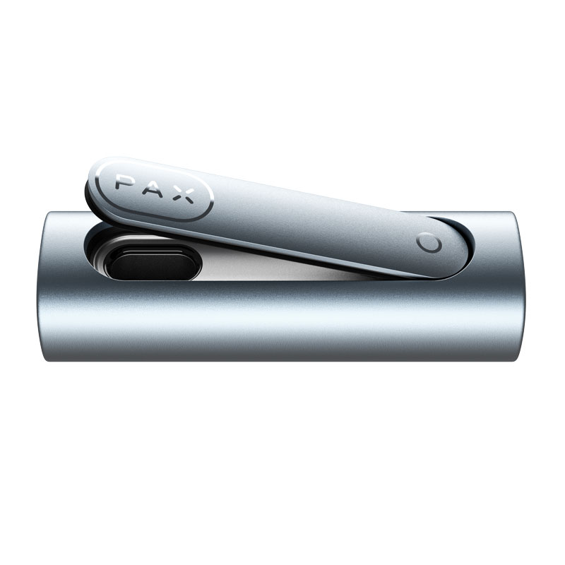 PAX Flow Vaporizer in Blue Haze shown side-on with the pivoting cover open
