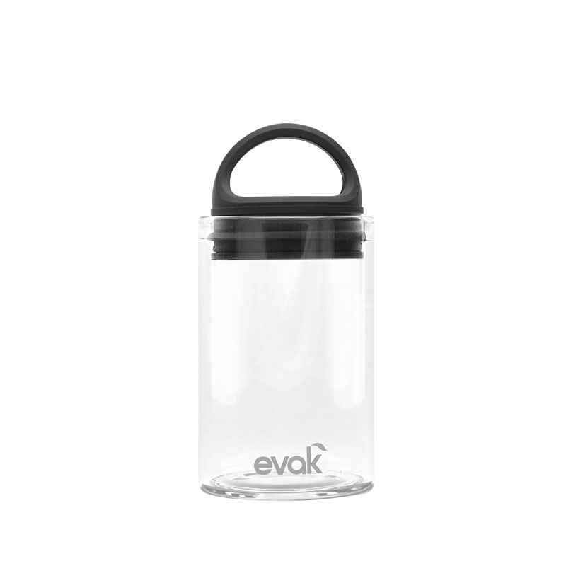 Mini Evak glass storage jar with black handle lid