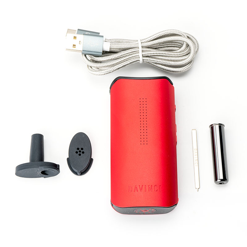 Red DaVinci IQC Vaporizer kit with included accessories