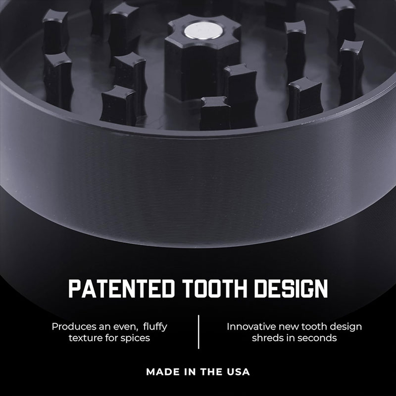 Close-up of Santa Cruz Shredder patented tooth design inside the grinder