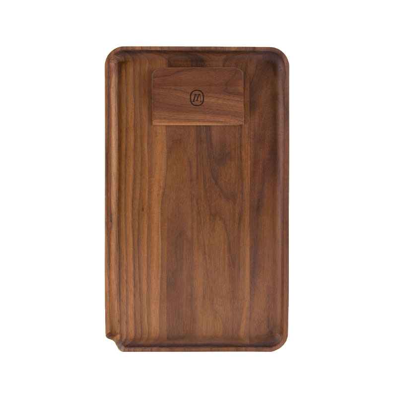 Marley Natural walnut rolling tray with matching wooden scraper placed inside
