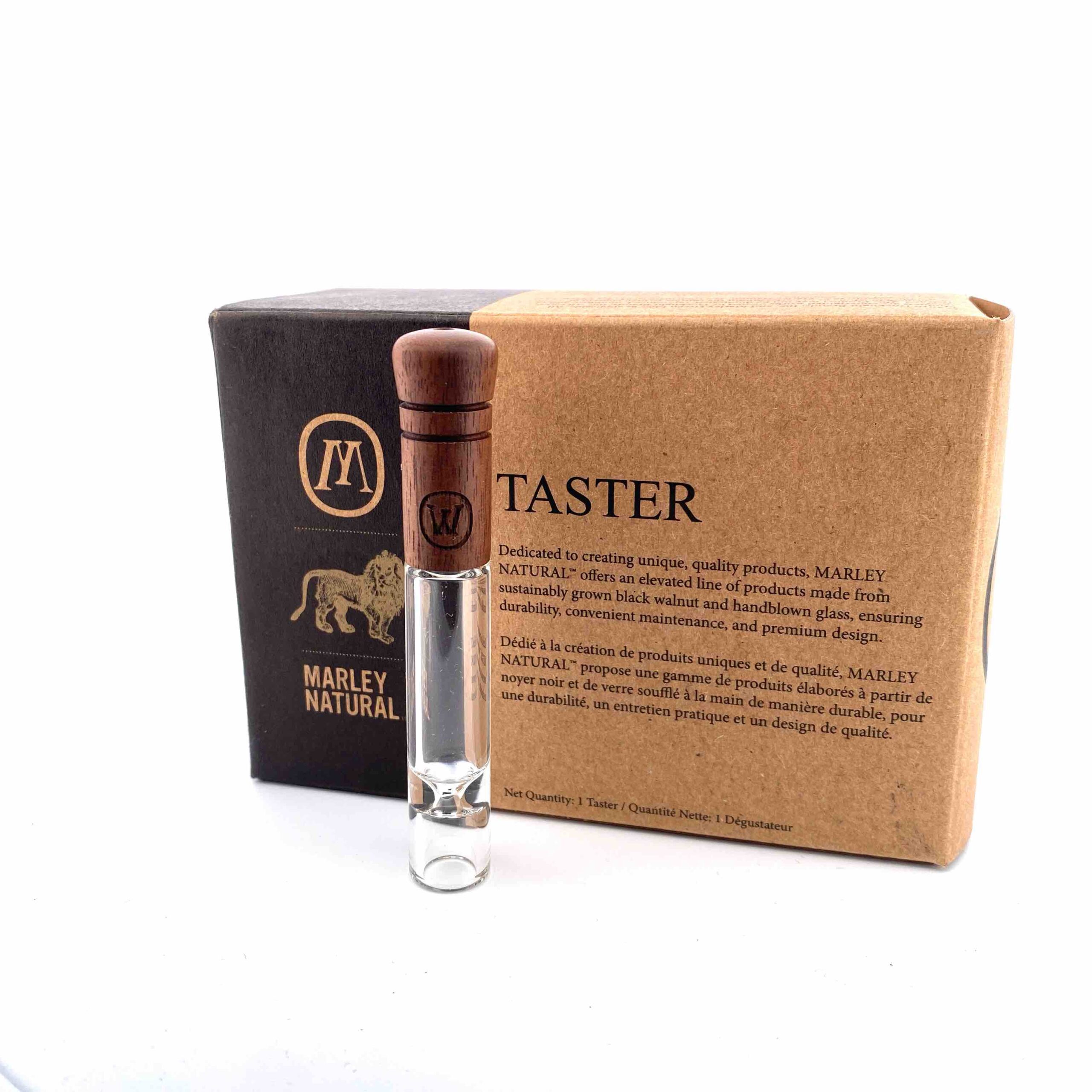 Marley wood taster standing in front of its box