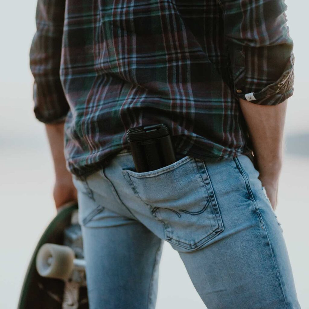 Storz & Bickel Mighty+ vaporizer carried in a pocket