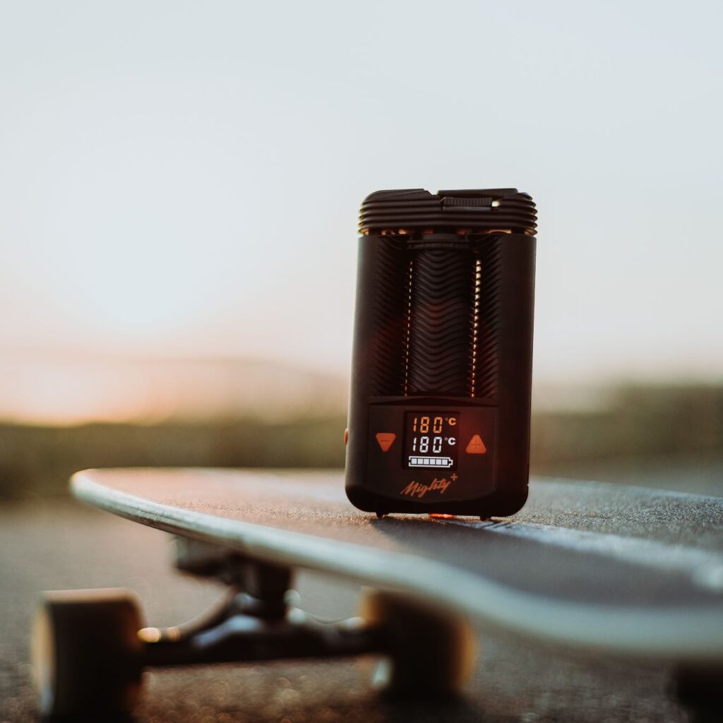 Storz & Bickel Mighty+ vaporizer on a skateboard