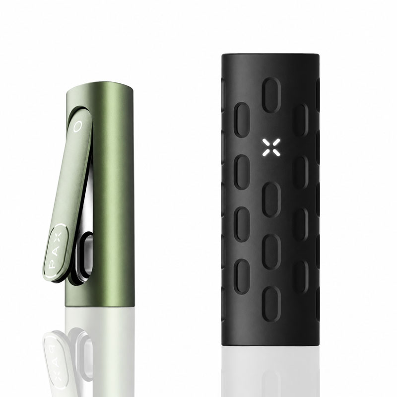 PAX Flow vaporizer with green finish beside a black PAX Flow grip sleeve on a white reflective background.