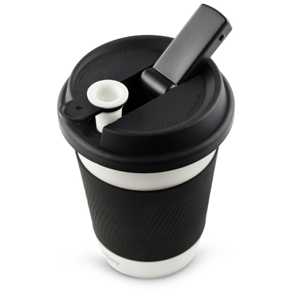 Puffco Cupsy travel cup with lid open