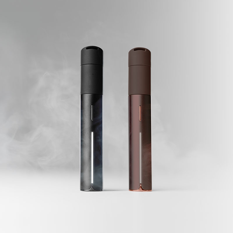 Two Puffco Pivot portable vaporizers side by side with illuminated LED light strips and light vapour background.