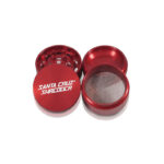 Red Santa Cruz Shredder 4-piece grinder open with screen and lid