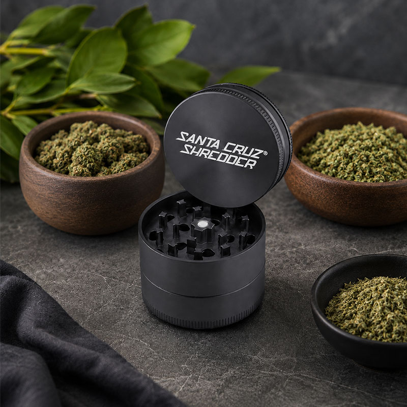 Black 3 piece herb grinder with open lid