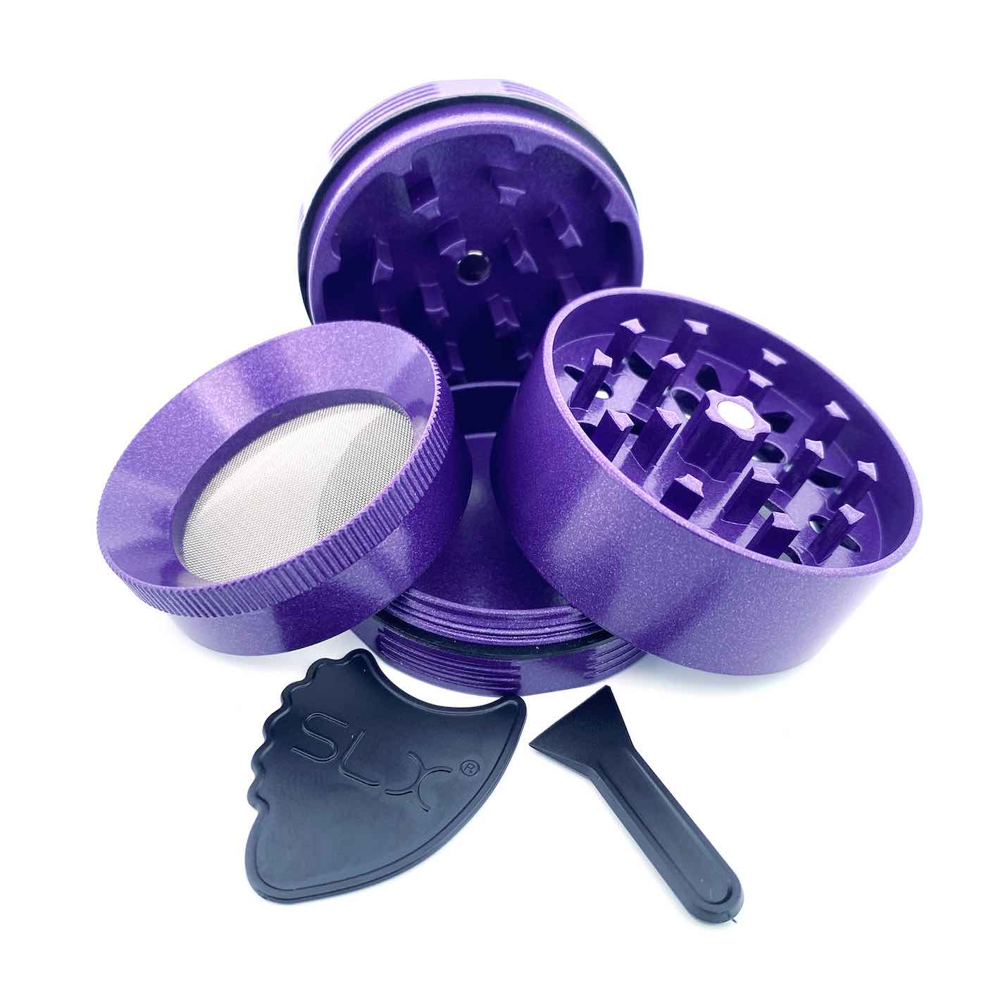 Purple SLX Non-Stick Grinder open with herb chamber and pollen scoop