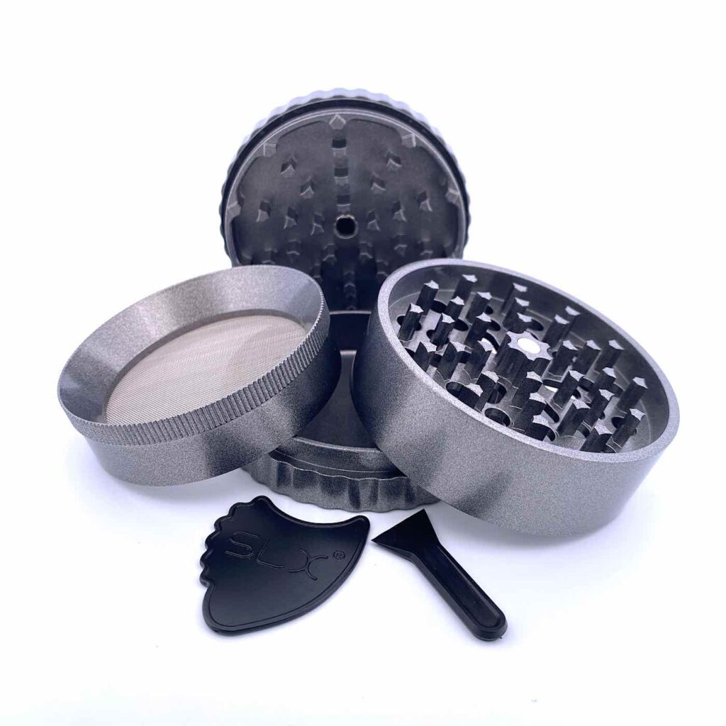 Black SLX Pro Non-Stick Grinder Large open with herb chamber and pollen scoop