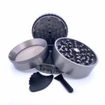 Black SLX Pro Non-Stick Grinder Large open with herb chamber and pollen scoop
