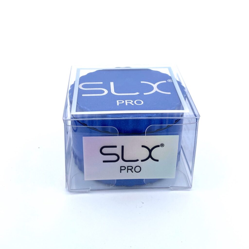 Blue SLX Pro Non-Stick Grinder Small in clear display jar