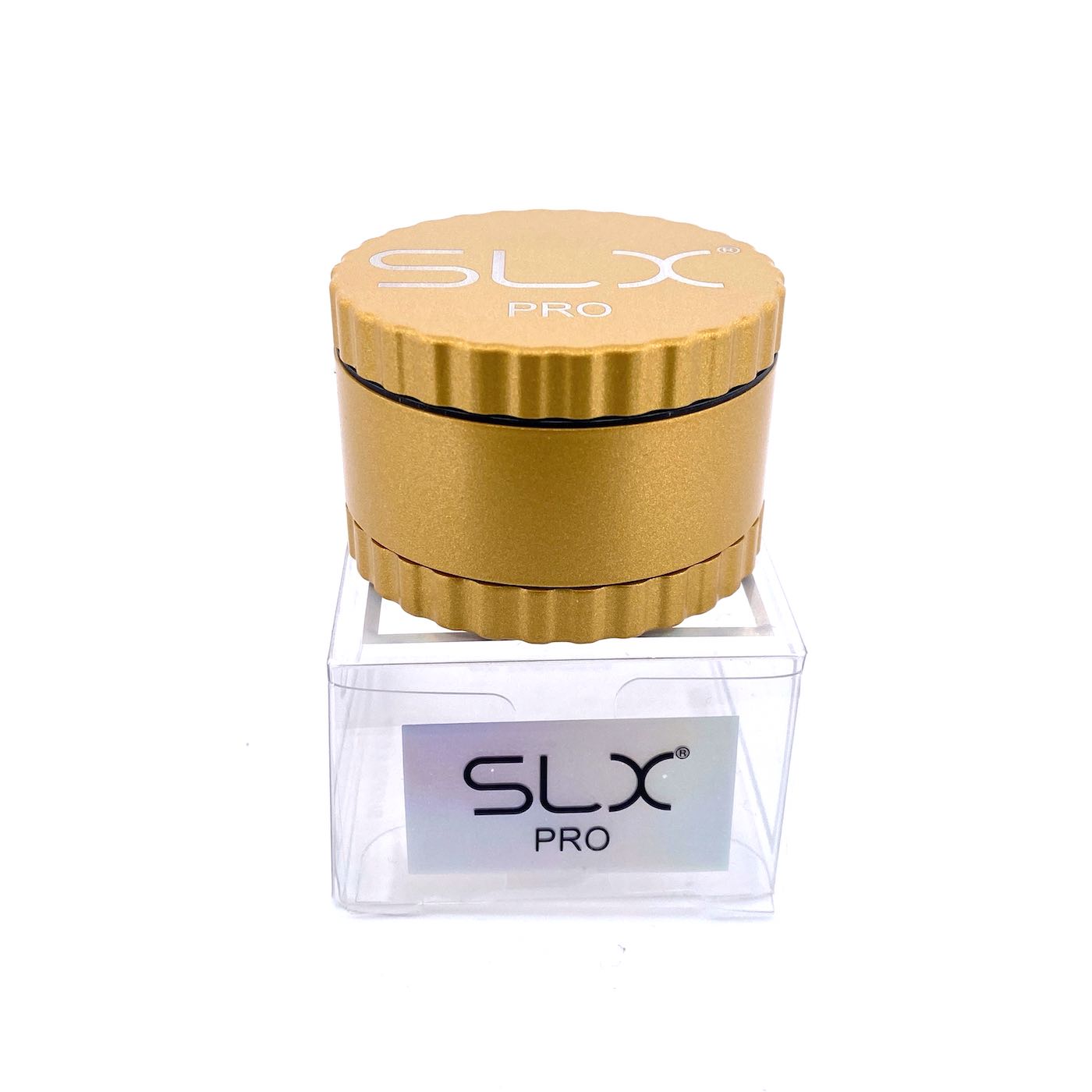 Gold SLX Pro Non-Stick Grinder Small in clear display jar
