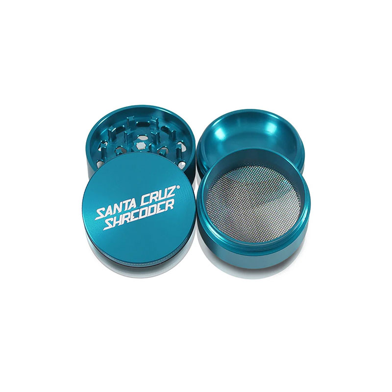 Teal Santa Cruz Shredder 4-piece grinder open with screen and lid