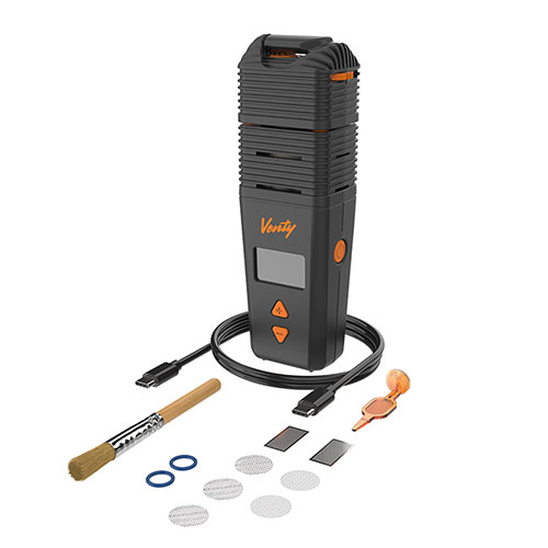 Venty vaporizer with accessories laid out on a white background