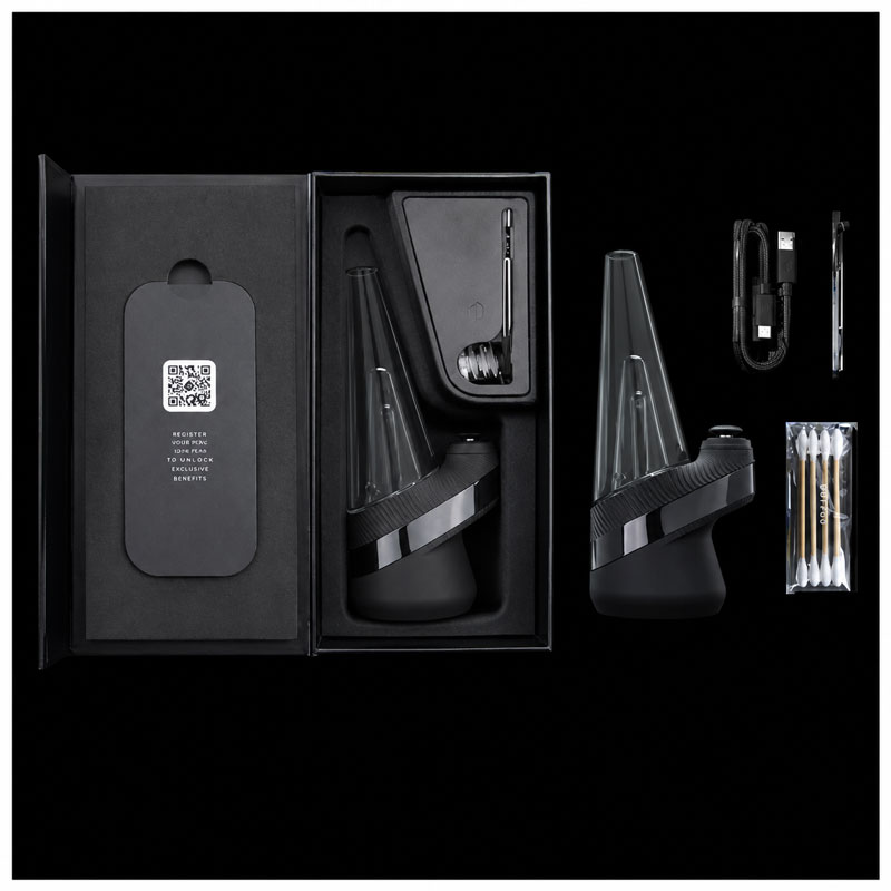 Puffco Peak vaporizer box contents showing the Peak device, glass attachment, USB-C cable, loading tool, cotton swabs and accessories on a black background.