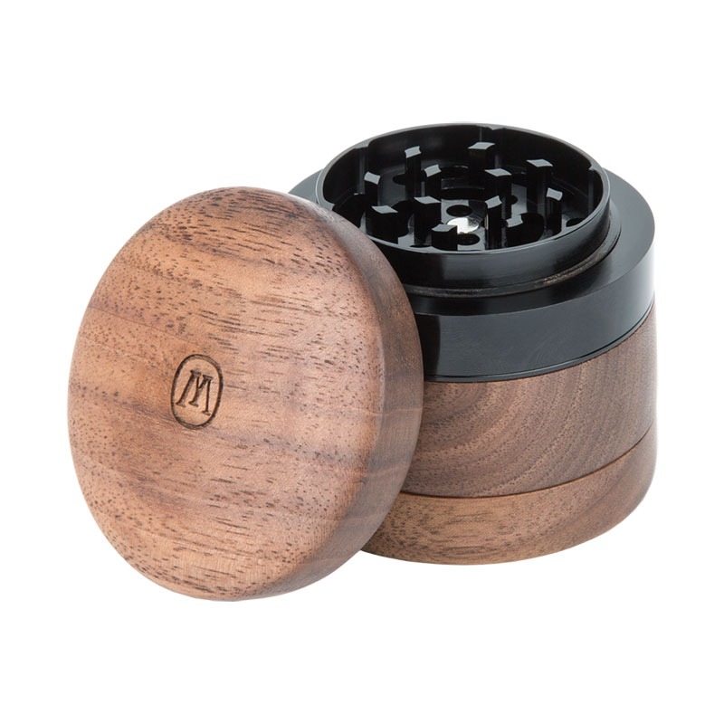 Wooden herb grinder with magnetic lid open