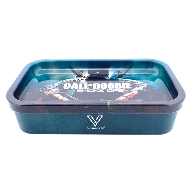V Syndicate metal rolling tray viewed at an angle