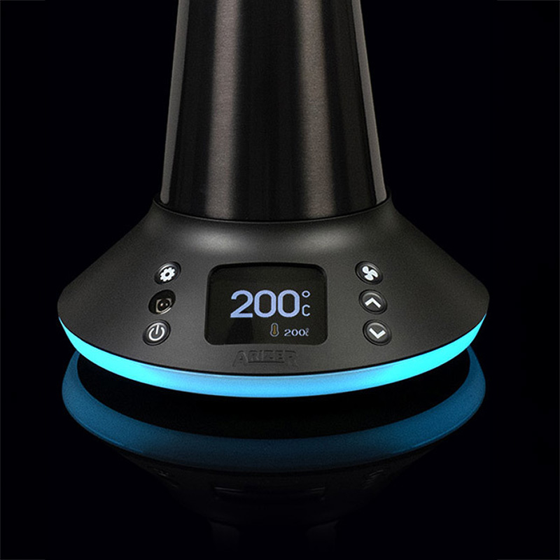 Close-up of the Arizer XQ2 vaporizer display and blue LED base light