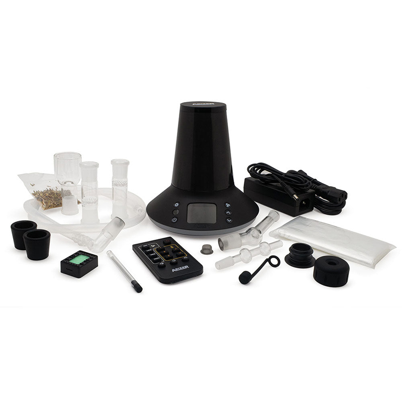 Arizer XQ2 vaporizer with glass bowls, whip, balloons and accessories