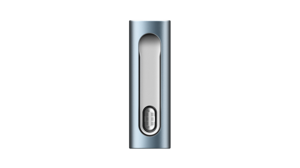 PAX Flow Vaporizer in Blue Haze with the front oven chamber visible on a white background