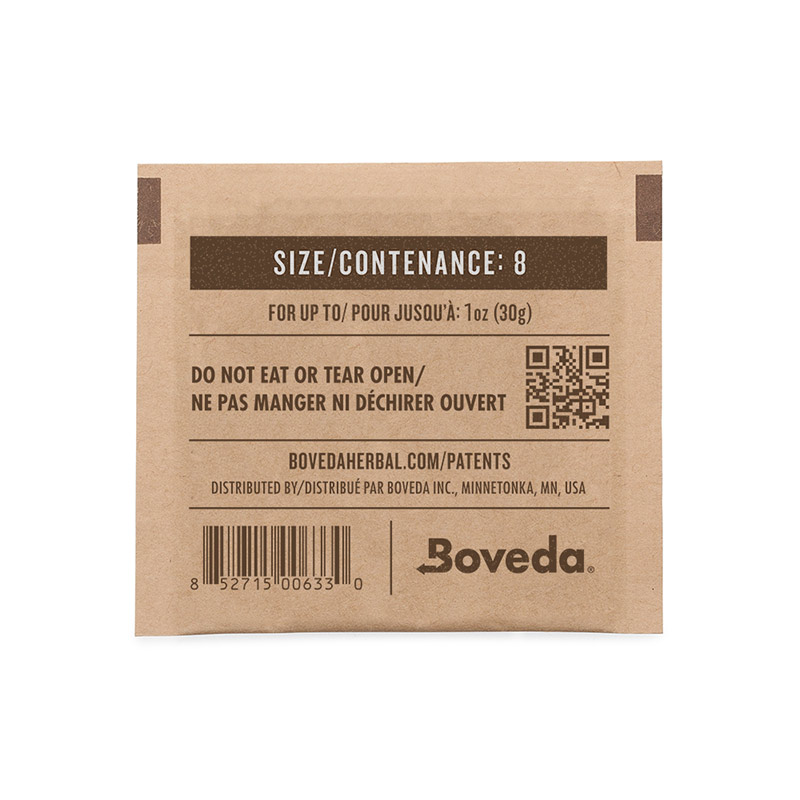Back of Boveda 58% 8g humidity pack showing product information