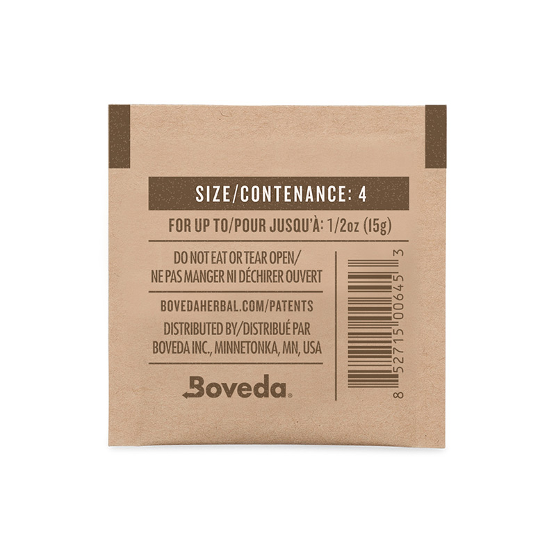 Back of Boveda 62% 4g humidity pack showing product information
