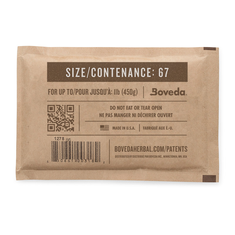 Back of Boveda 62% 67g humidity pack showing product information