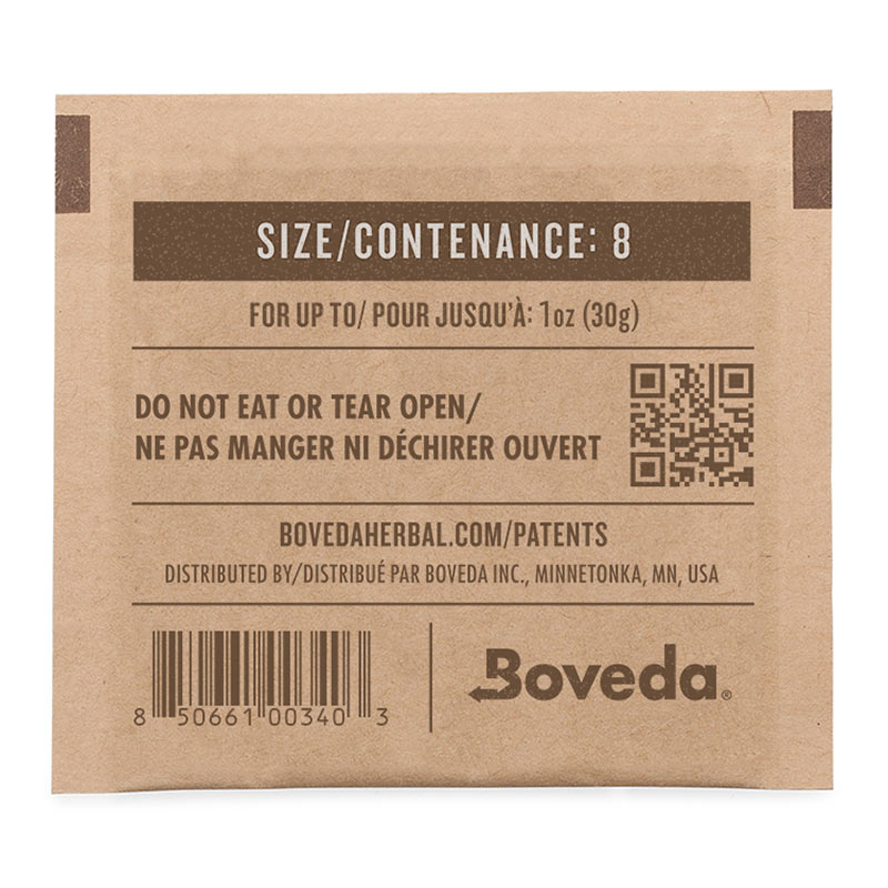 Back of Boveda 62% 8g humidity pack showing product information