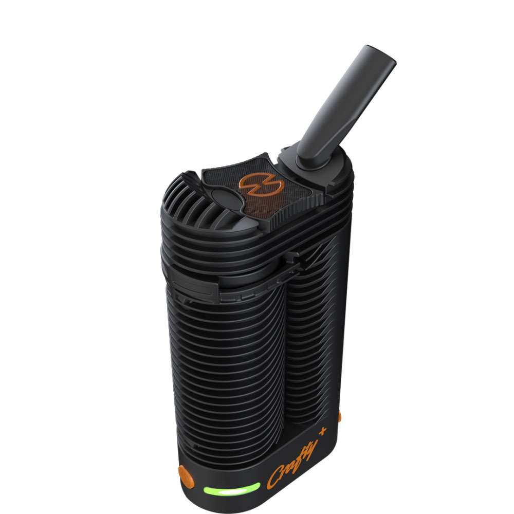 Crafty+ vaporizer with mouthpiece open on a white background