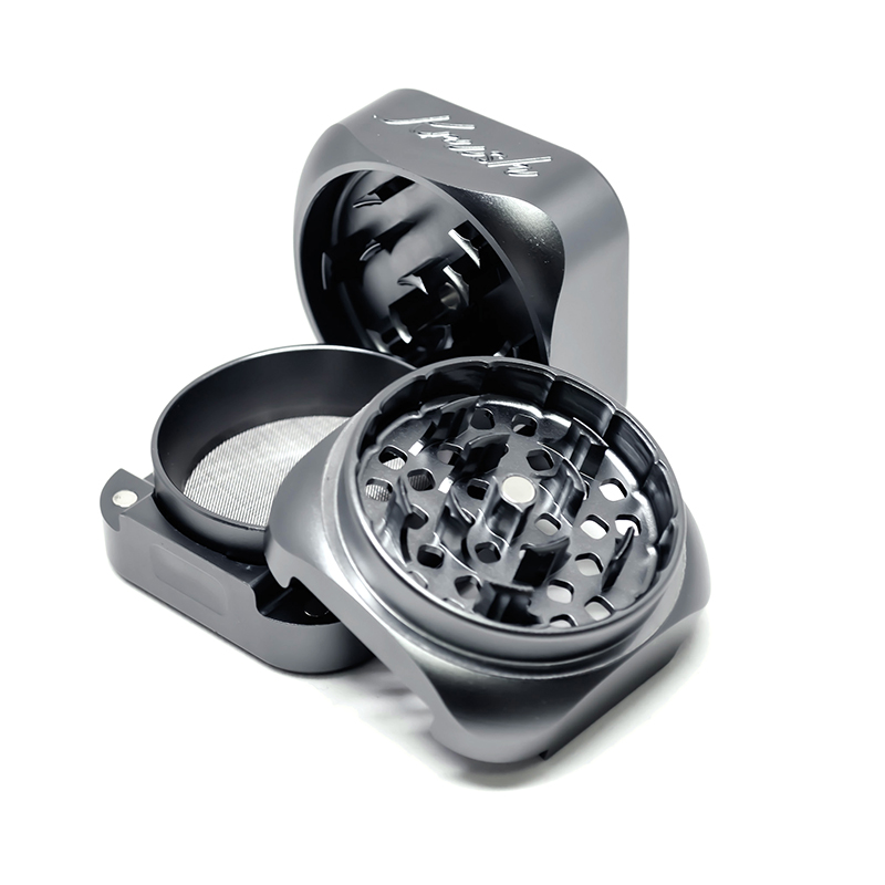 Open grey Krush Kube 3.0 Grinder with dual-direction teeth