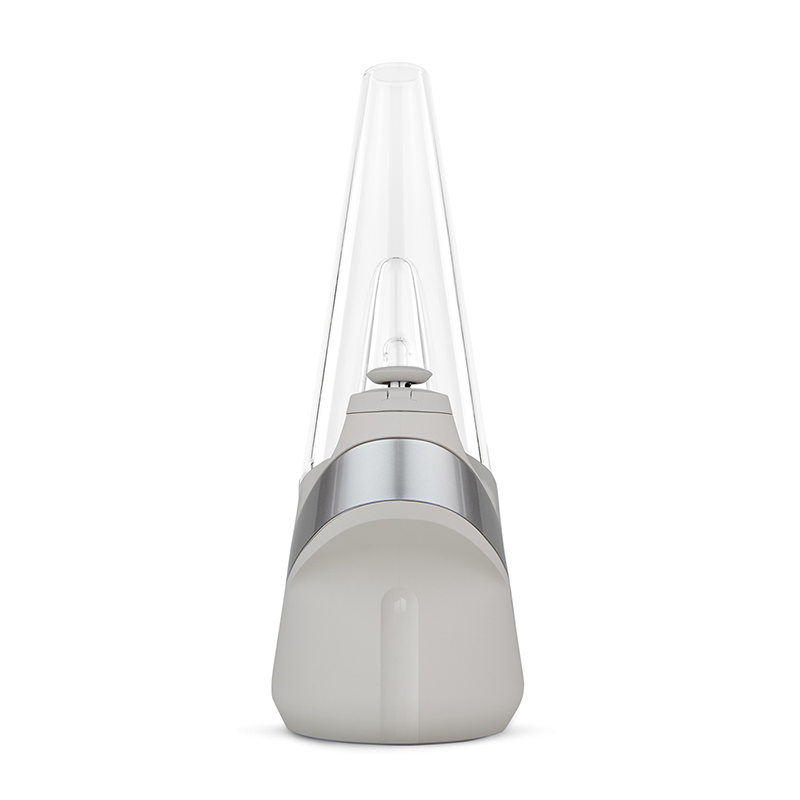 Puffco Peak Pearl front view with clear glass attachment on white background
